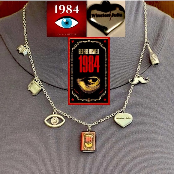 Hand Crafted Jewelry - 1984 by George Orwell Handmade Literature Necklace, Eye TV Mustache Book Cover